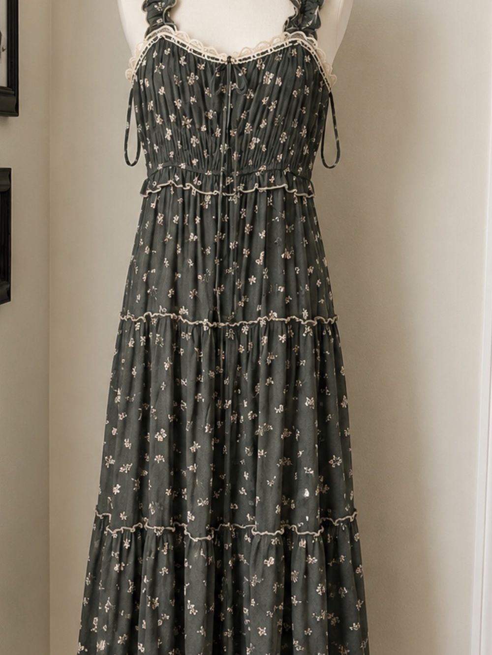 Olive Green Floral Tiered Maxi Dress with Lace Trim